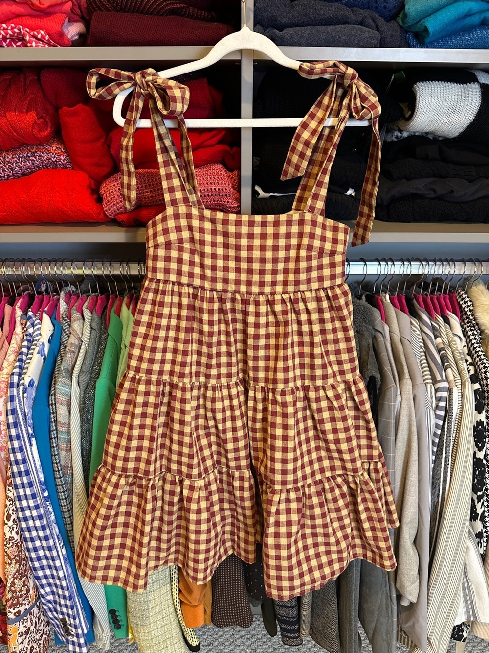 Cider maroon/tan gingham tie strap baby doll dress size XXS